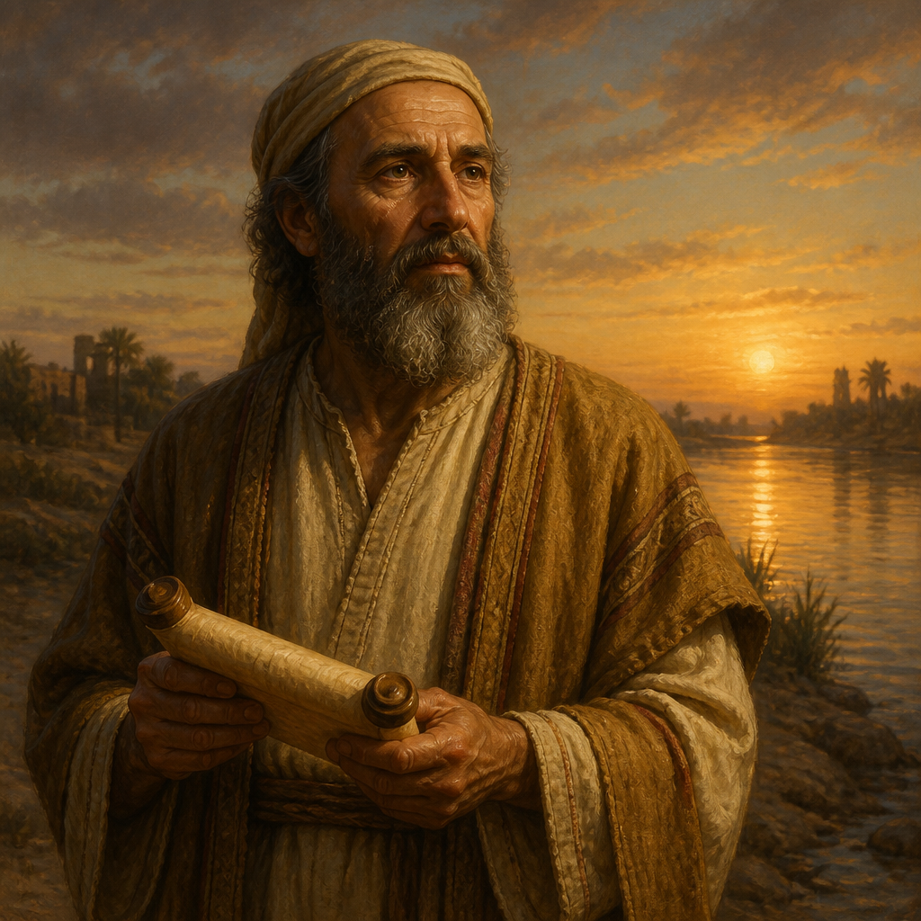 Oil-painting style portrait of Elnathan, Teacher of the Return, Teacher who assisted Ezra in recruiting Levites for the temple service