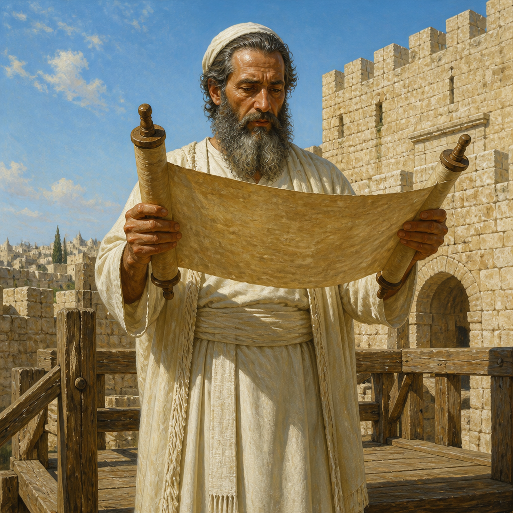 Oil-painting style portrait of Ezra the Scribe, Scribe and priest who led the return from Babylon and restored the Law of Moses in Jerusalem