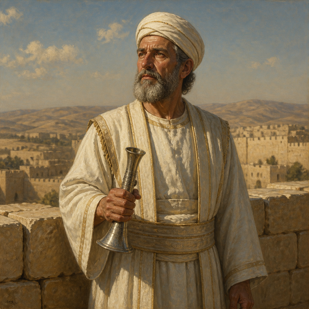 Oil-painting style portrait of Ezra, Priest of the First Return, Priest who returned to Jerusalem in the first wave of exiles with Zerubbabel