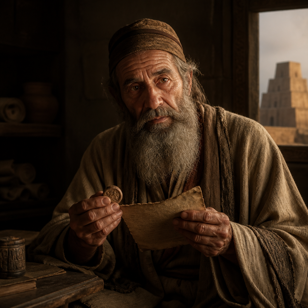 Oil-painting style portrait of Gahar, Patriarch whose descendants returned from the Babylonian Exile to serve in the Temple
