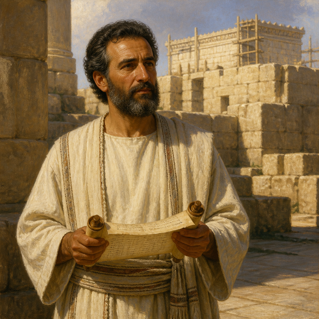 Oil-painting style portrait of Galal, Descendant of Jeduthun, Levite descendant of Jeduthun whose family helped restore Jerusalem's worship after the exile