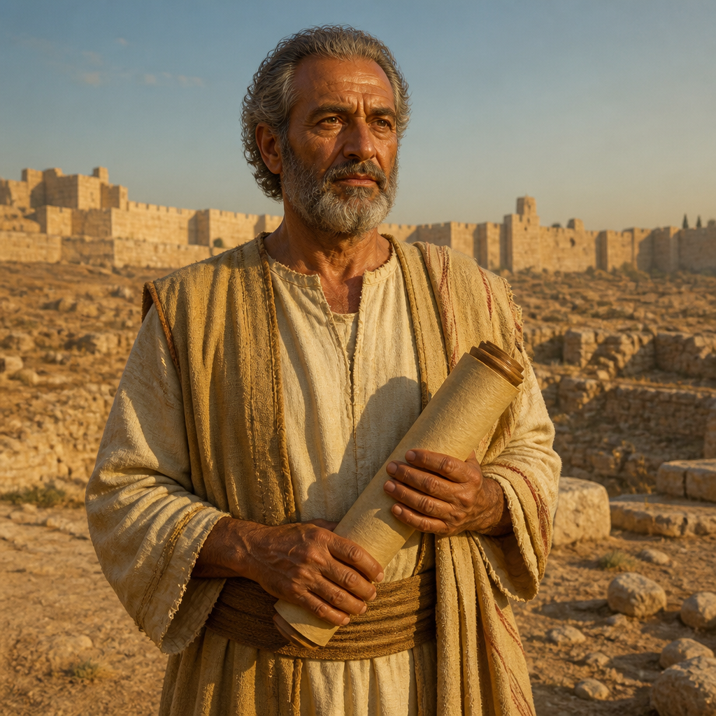 Oil-painting style portrait of Gazzam, Patriarch of a family of temple servants returning from the Babylonian exile