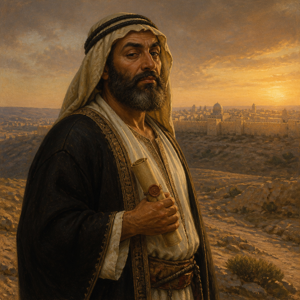 Oil-painting style portrait of Geshem, Arab leader who opposed Nehemiah during the rebuilding of Jerusalem's walls