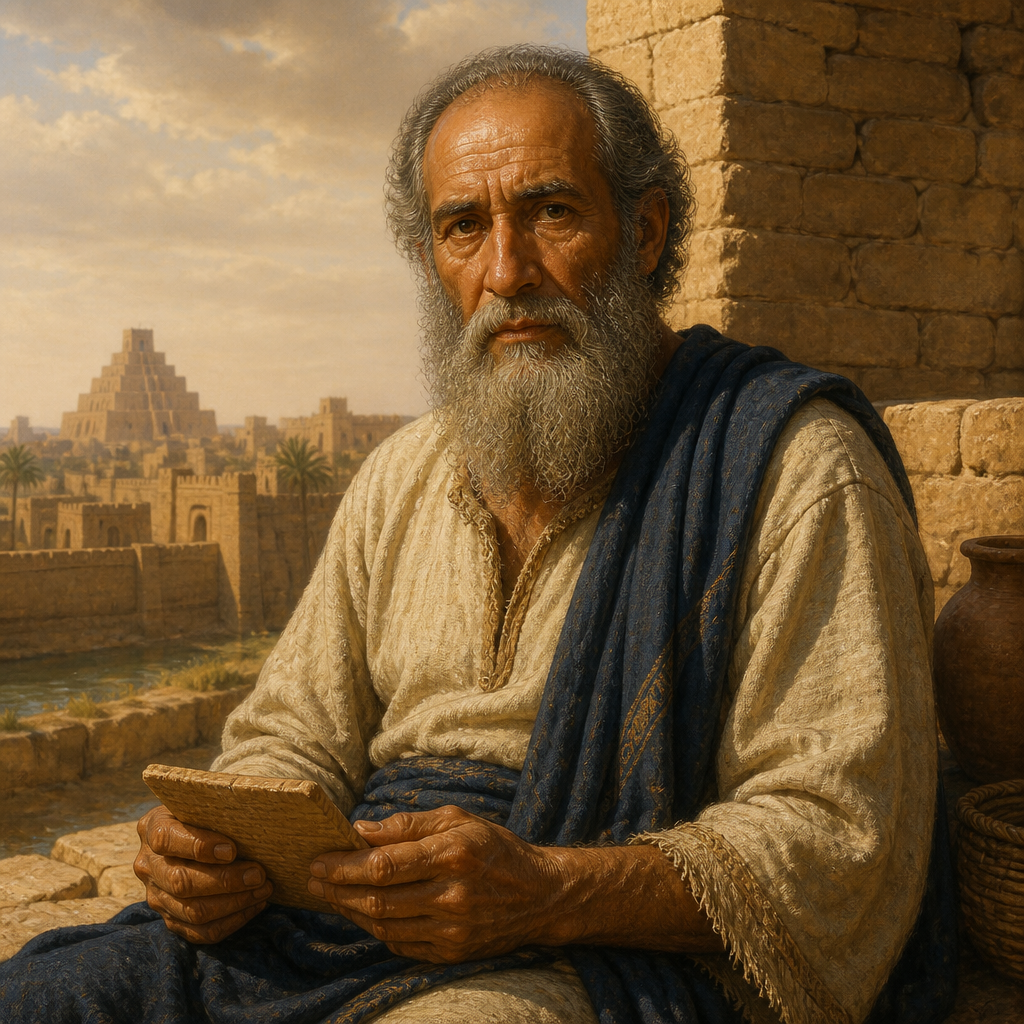 Oil-painting style portrait of Giddel, Descendant of Solomon’s Servants, Patriarch whose descendants were Solomon’s servants who returned from the Babylonian exile