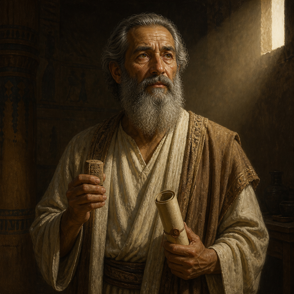 Oil-painting style portrait of Hagab, Patriarch of a family of temple servants who returned from the Babylonian Exile