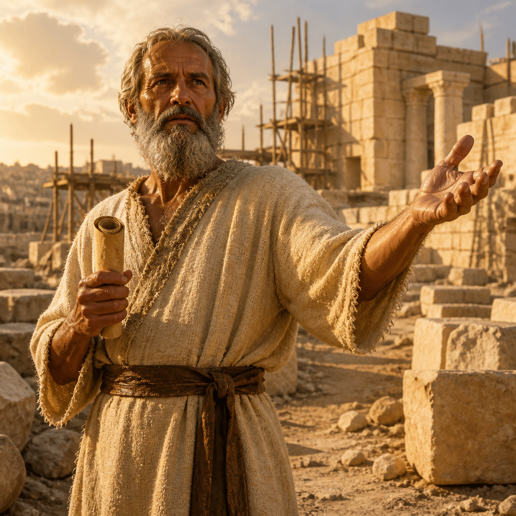 Oil-painting style portrait of Haggai, Prophet who encouraged the rebuilding of the Second Temple