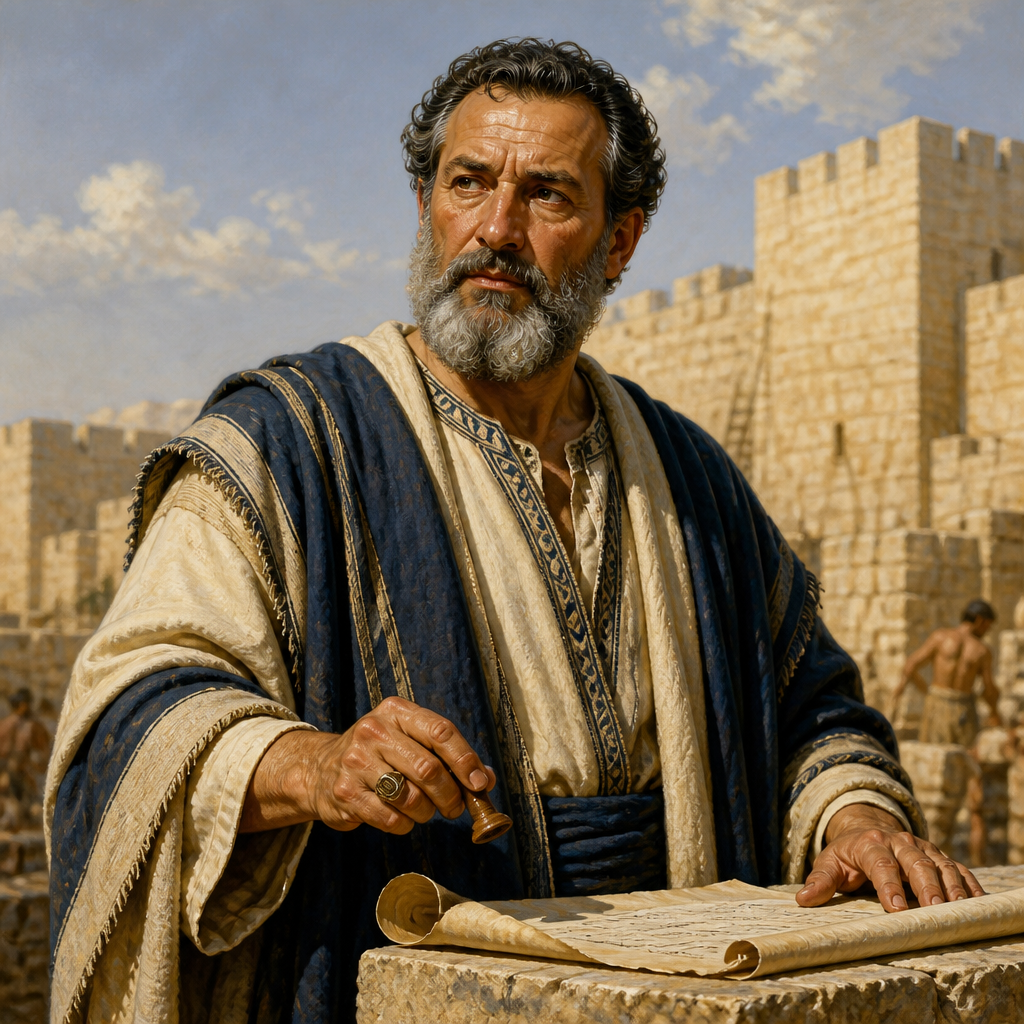 Oil-painting style portrait of Hallohesh, Jewish leader who signed Nehemiah's covenant and whose family rebuilt the Jerusalem wall