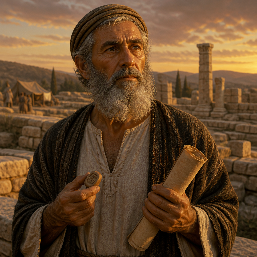 Oil-painting style portrait of Hanan, Nethinim Head of a Returning Clan, Patriarch of a family of Temple servants who returned from the Babylonian exile