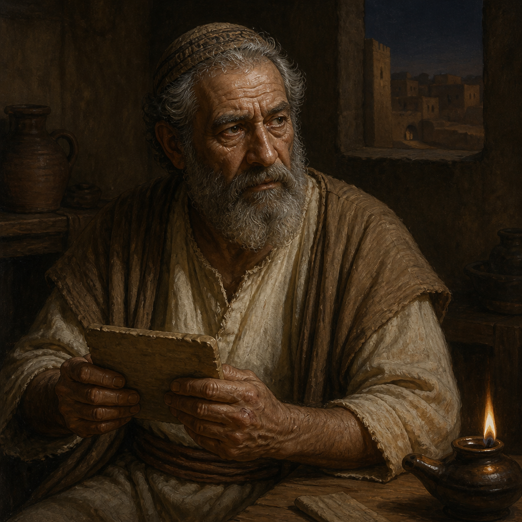 Oil-painting style portrait of Harhur, Patriarch whose descendants returned from the Babylonian Exile to serve in the Temple