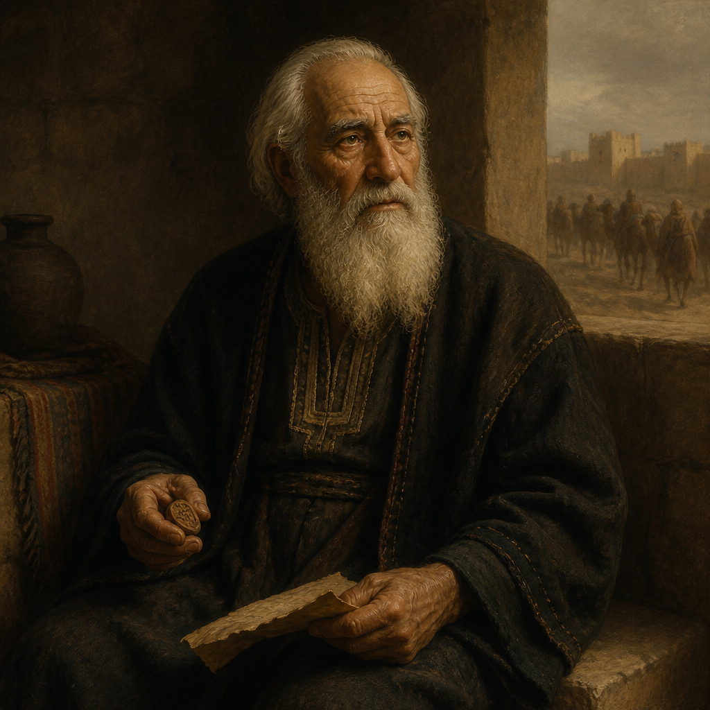 Oil-painting style portrait of Harim, Progenitor of Returning Exiles, Patriarch whose 320 descendants returned from the Babylonian Exile