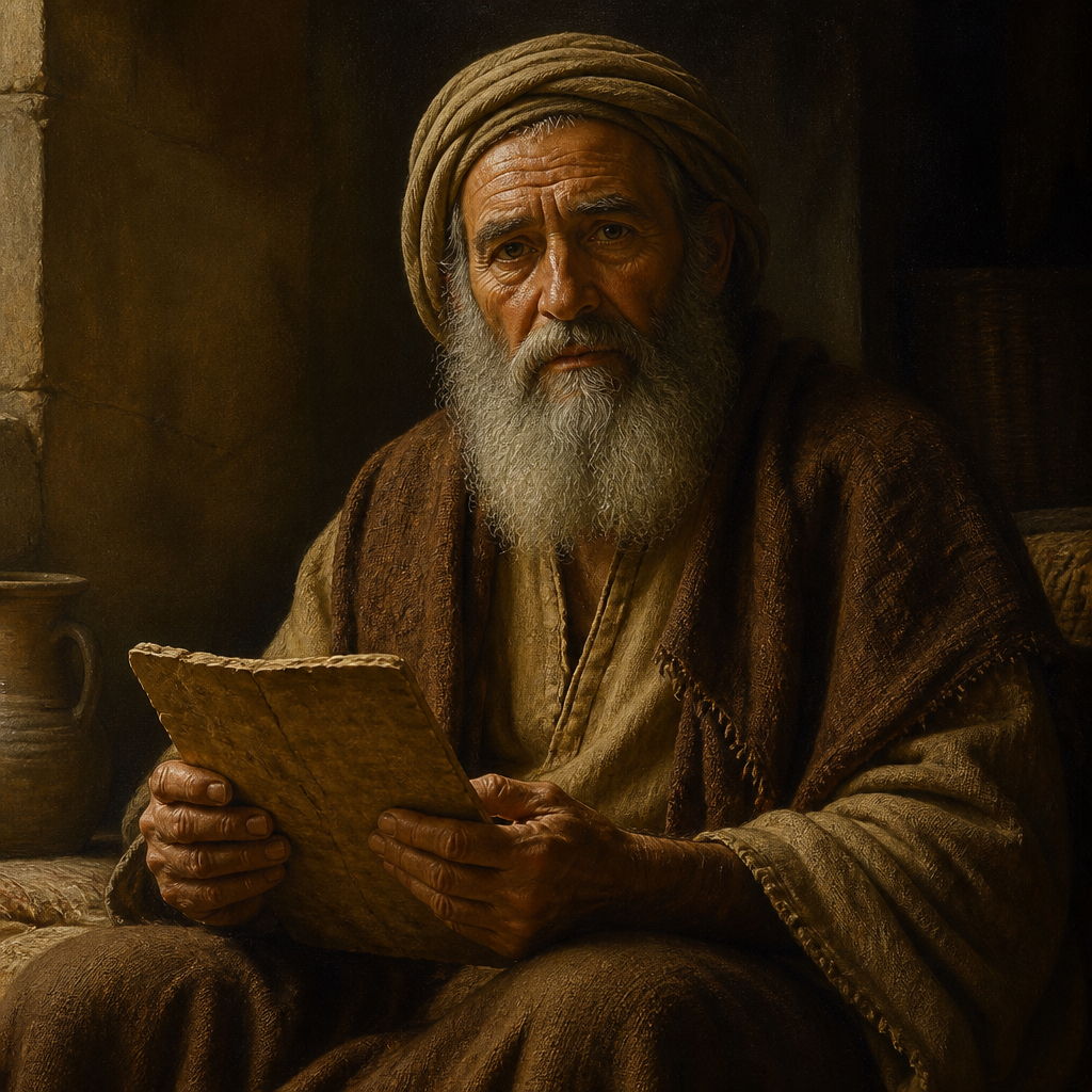 Oil-painting style portrait of Harsha, Patriarch whose descendants returned to Jerusalem from the Babylonian exile to serve in the Temple