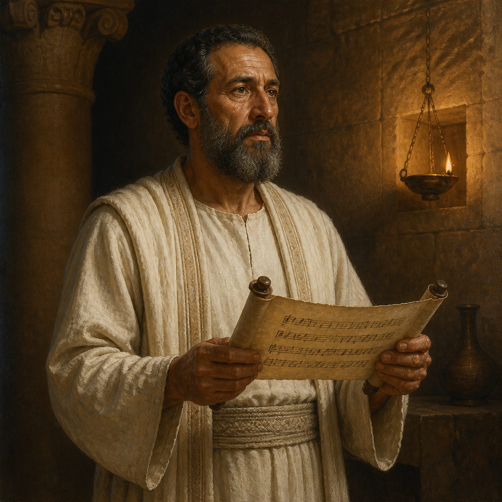 Oil-painting style portrait of Hashabiah, Ancestor of Uzzi, Levite ancestor of Uzzi and descendant of Asaph who served in the post-exilic temple