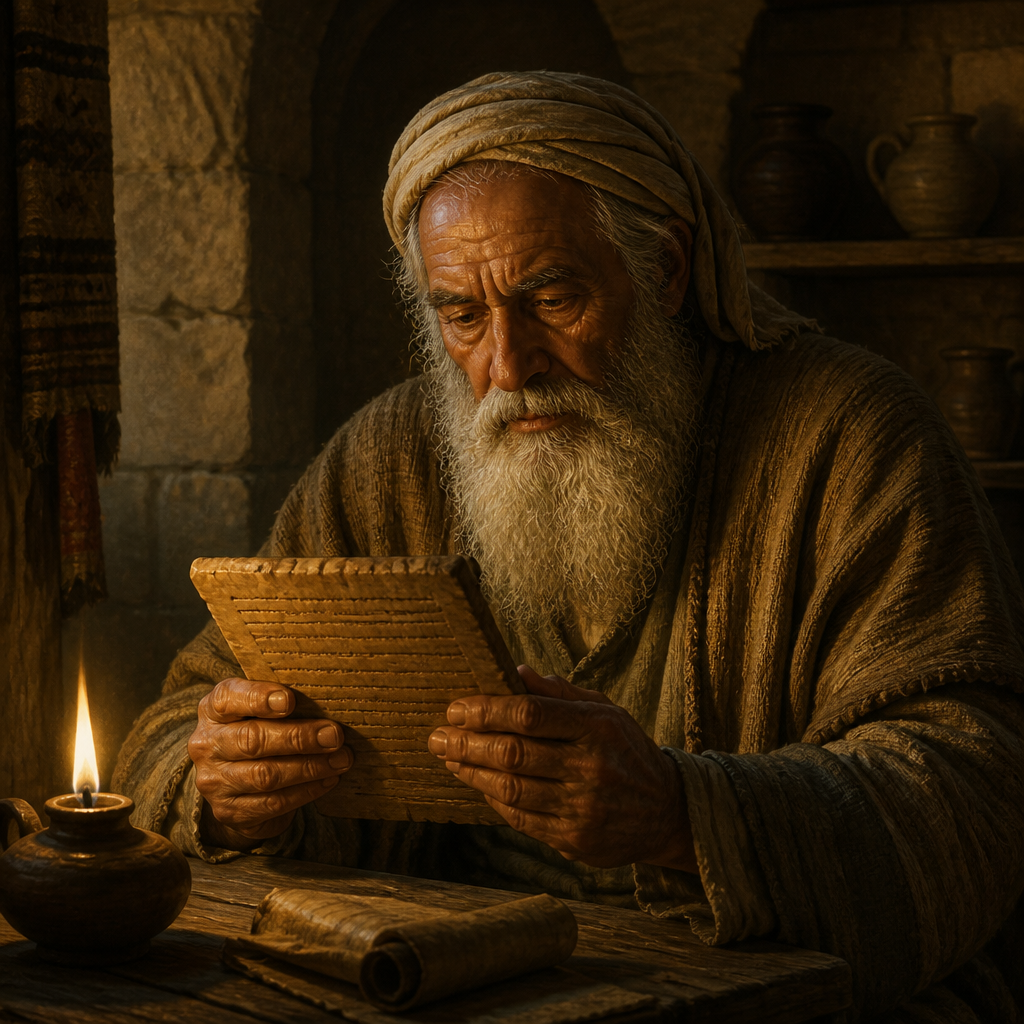Oil-painting style portrait of Hashum, Progenitor of a Returning Clan, Patriarch whose 223 to 328 descendants returned from the Babylonian Exile