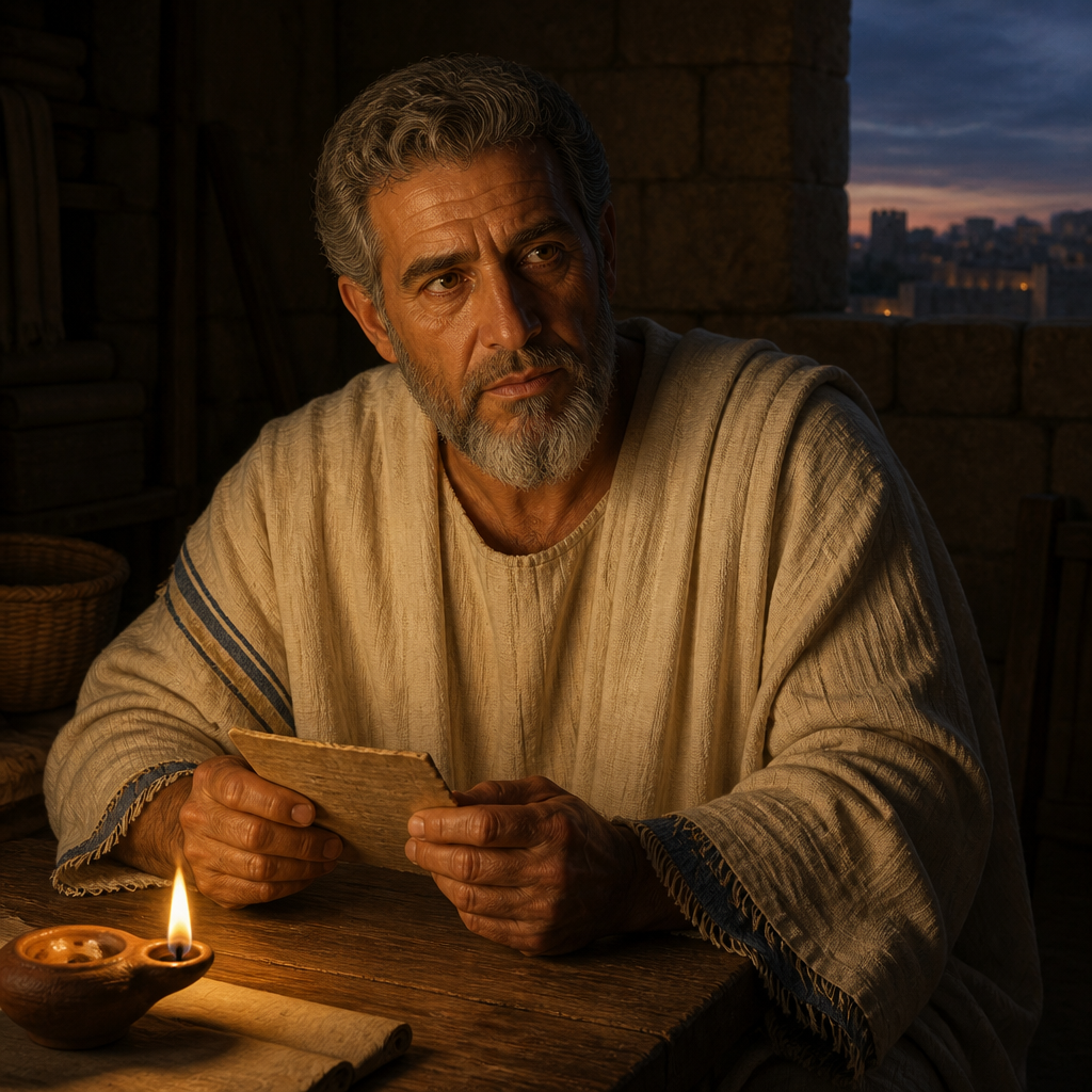Oil-painting style portrait of Hasshub, Levite of the Post-Exilic Period, Levite of the Merarite line whose ancestry is recorded in the post-exilic genealogies of Jerusalem