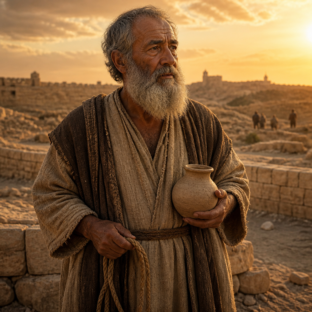 Oil-painting style portrait of Hasupha, Patriarch whose descendants returned from the Babylonian exile as temple servants