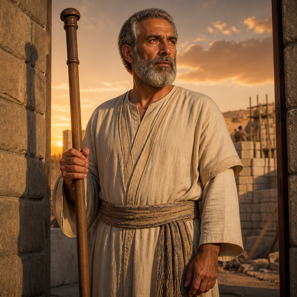 Oil-painting style portrait of Hatita, Levite gatekeeper whose descendants returned from the Babylonian exile