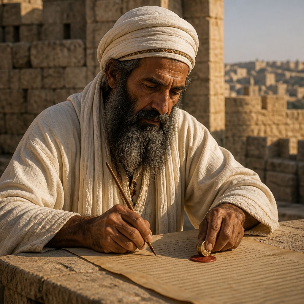 Oil-painting style portrait of Hattush, Priest of the Post-Exilic Return, Priest who returned with Zerubbabel and sealed Nehemiah's covenant