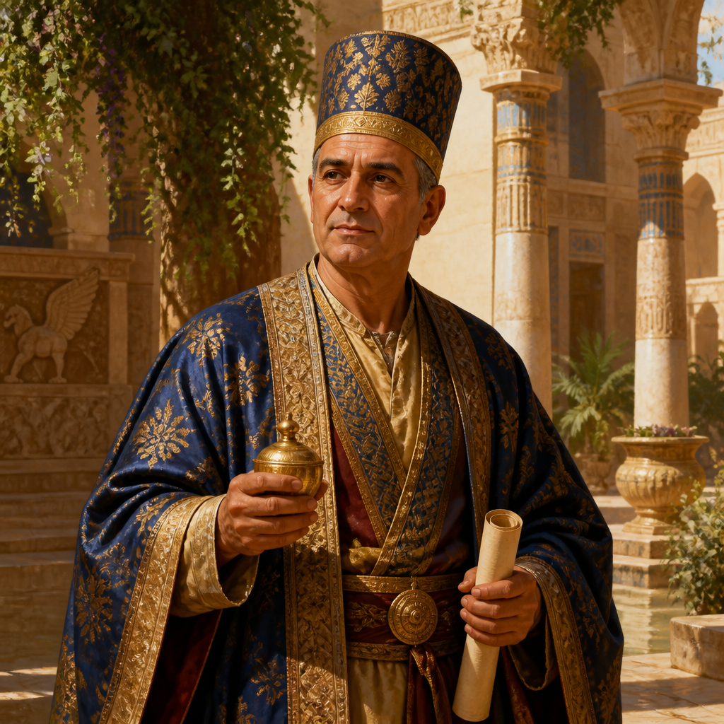 Oil-painting style portrait of Hegai, Royal official who showed favor to Esther and prepared her to meet King Ahasuerus