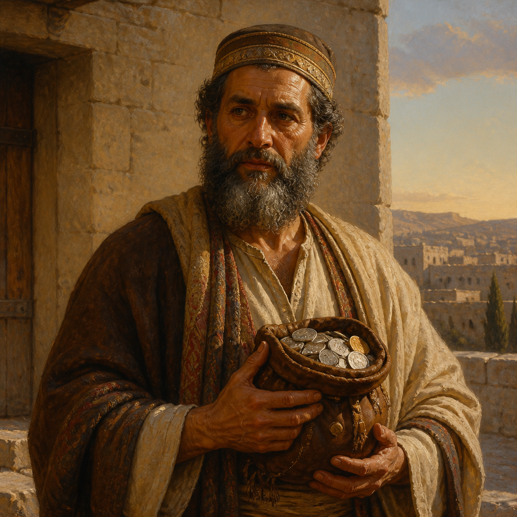 Oil-painting style portrait of Heldai, Exile from Babylon who provided gold for the High Priest's memorial crown