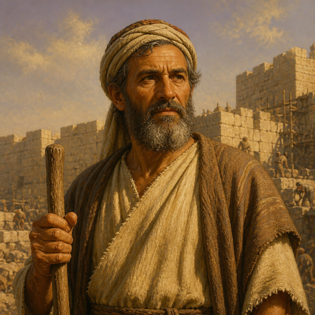 Oil-painting style portrait of Henadad, Father of Binnui, Father of Binnui who repaired a section of Jerusalem's wall