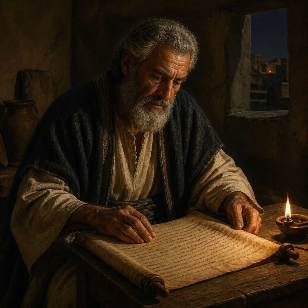 Oil-painting style portrait of Hezekiah, Patriarch of the House of Ater, Patriarch of the house of Ater whose 98 descendants returned from the Babylonian exile