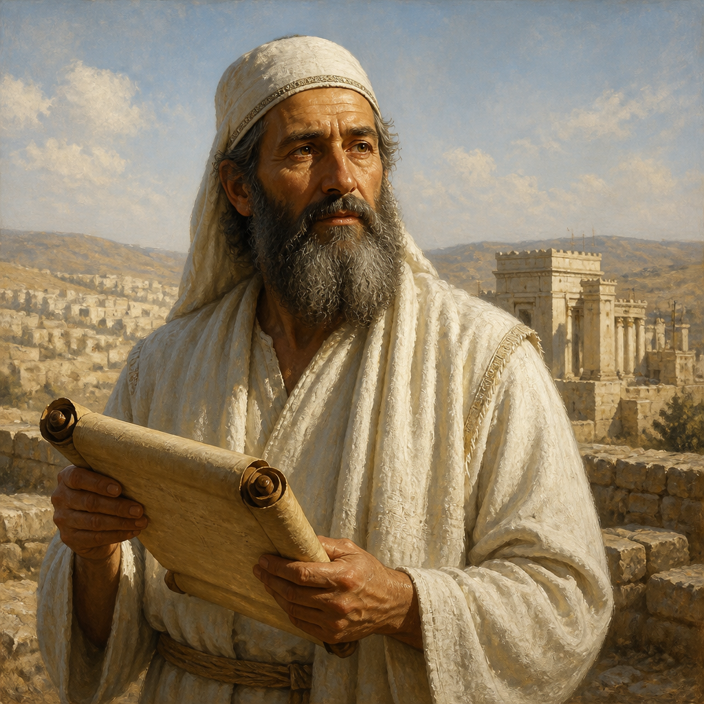 Oil-painting style portrait of Hilkiah, a Priest of the Return, Priestly leader who returned from the Babylonian exile with Jeshua