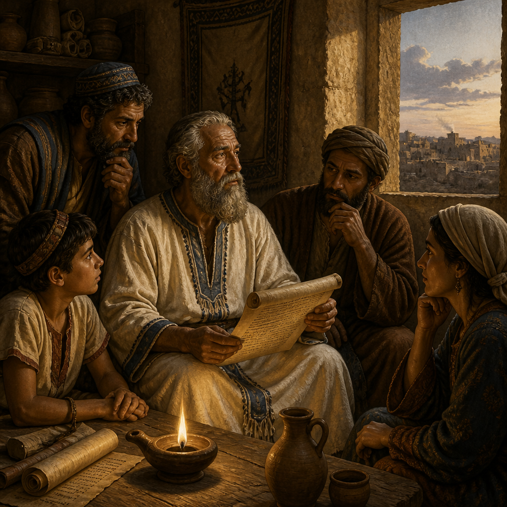 Oil-painting style scene of Hodaviah, Levite of the Return, figures from the Bible