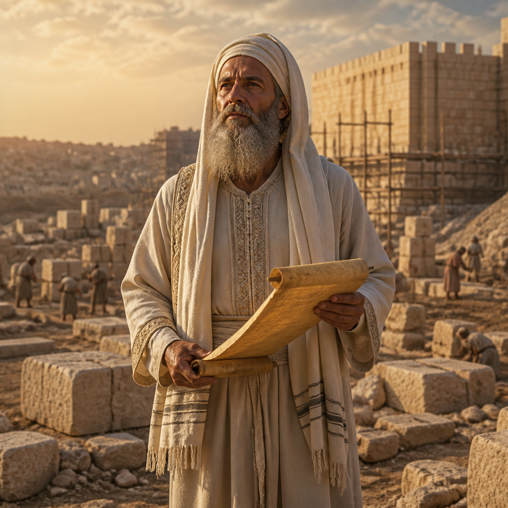 Oil-painting style portrait of Iddo, Priest of the Post-Exilic Period, Priest who returned from the Babylonian exile with Zerubbabel