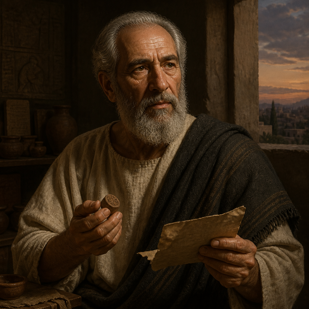 Oil-painting style portrait of Jaalah, Patriarch whose descendants returned from the Babylonian exile to serve in the temple