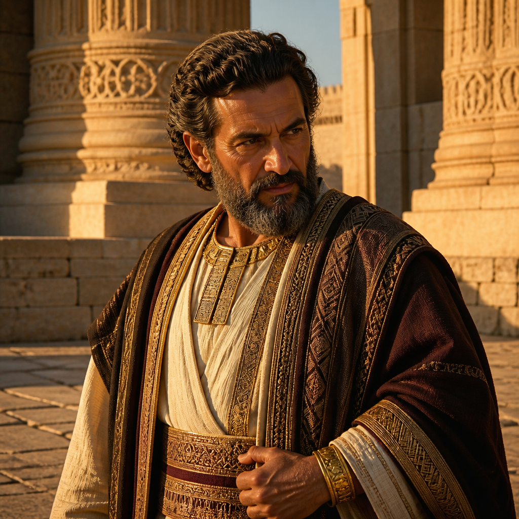 Oil-painting style portrait of Jaazaniah, Son of Azzur, Leader in Jerusalem who gave wicked counsel during Ezekiel's vision