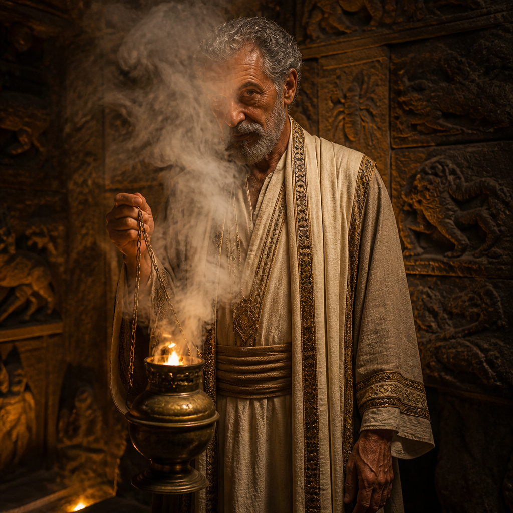 Oil-painting style portrait of Jaazaniah, Son of Shaphan, Elder of Israel seen by Ezekiel in a vision of Temple idolatry