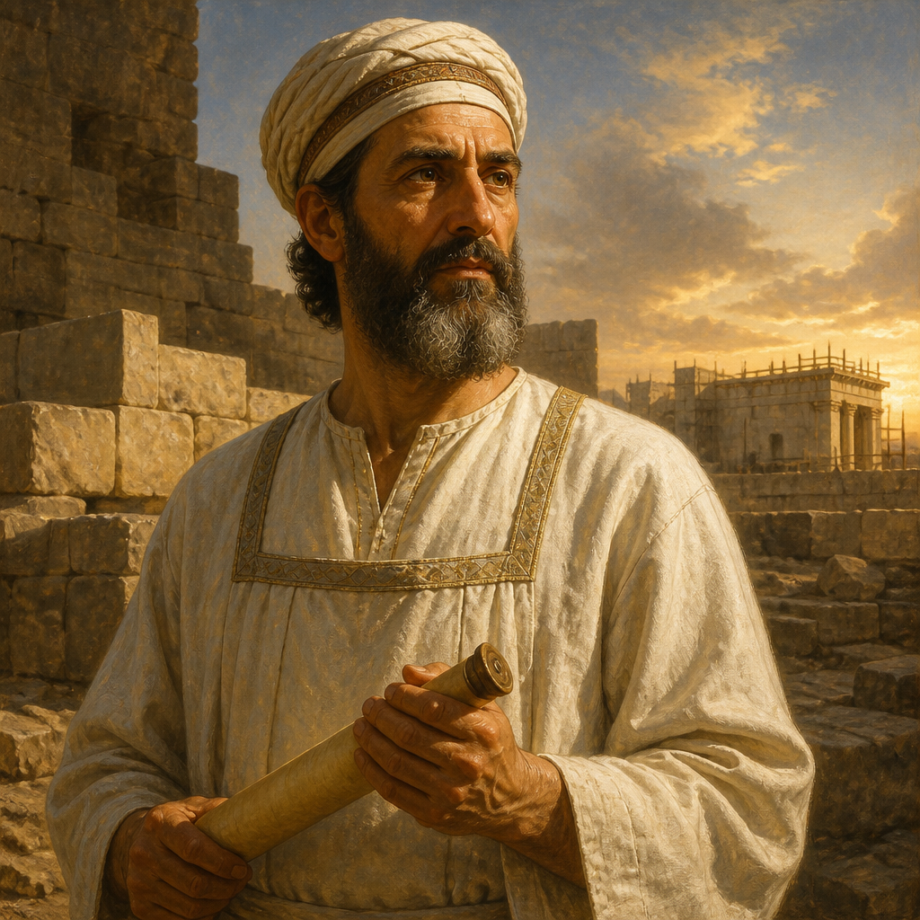 Oil-painting style portrait of Jachin, Priest of the Post-Exilic Period, Priest who returned from the Babylonian exile to resettle Jerusalem