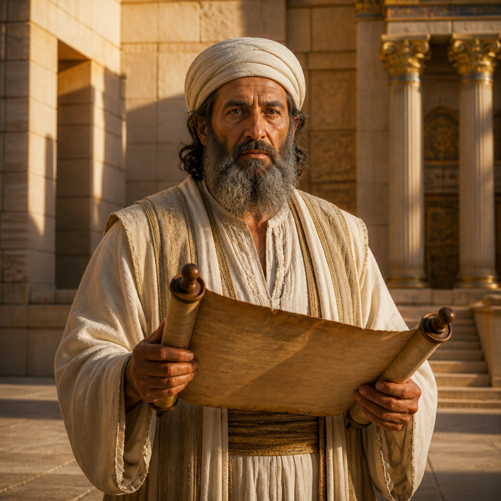Oil-painting style portrait of Jaddua, High Priest of the Return, High priest who appears at the end of the genealogical list of the return from exile