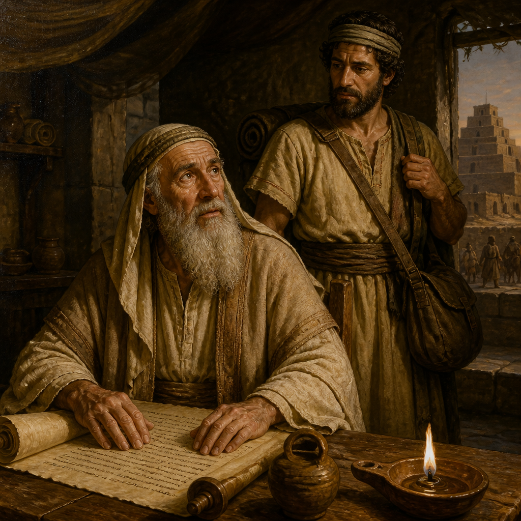 Oil-painting style scene of Jahaziel, Father of Shecaniah, figures from the Bible