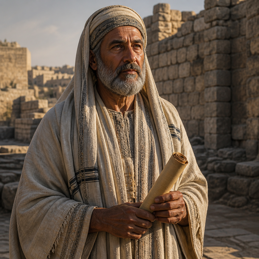 Oil-painting style portrait of Jedaiah, son of Joiarib, Priest who was among the first to resettle Jerusalem after the Babylonian Exile