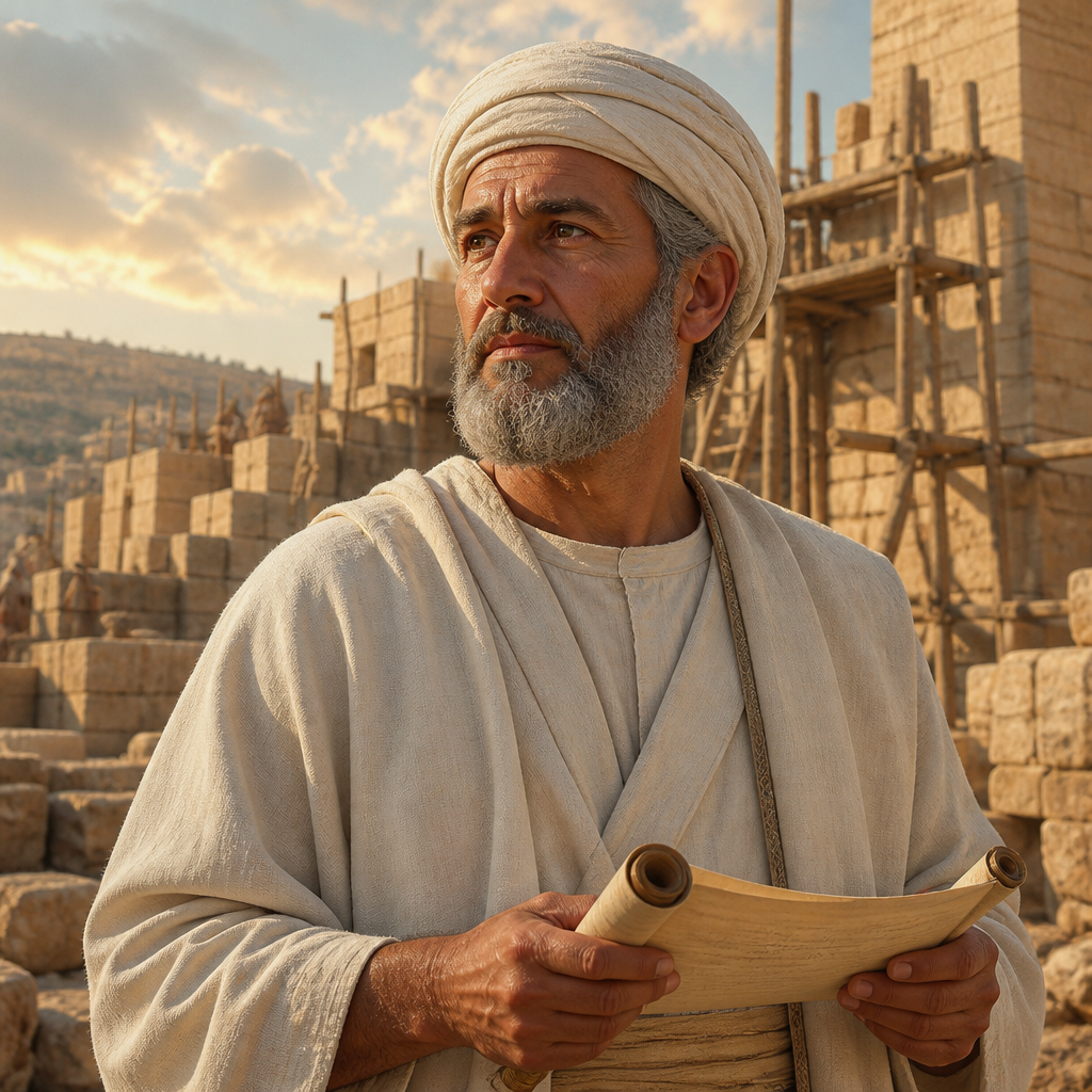 Oil-painting style portrait of Jedaiah, Priestly Leader of the First Return, Priestly leader who returned from the Babylonian exile in the days of Jeshua