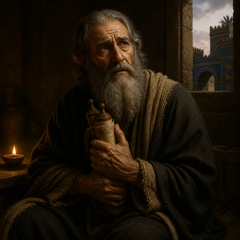 Oil-painting style portrait of Jehozadak, Priestly bridge who was carried into Babylonian exile and fathered the High Priest of the Return