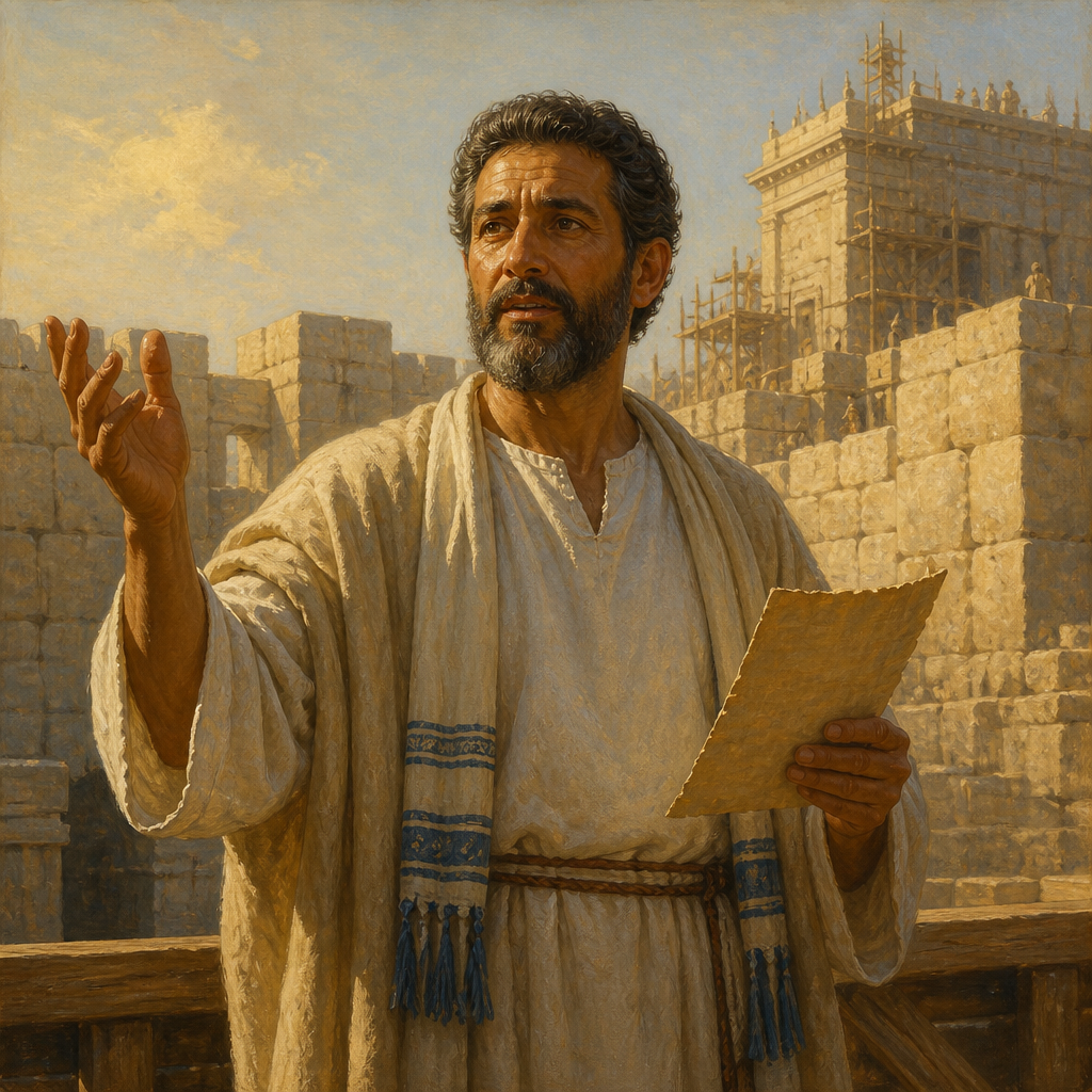 Oil-painting style portrait of Jeshua, Son of Azaniah, Levite leader who supervised the Temple rebuilding and instructed the people in the Law during the return from exile