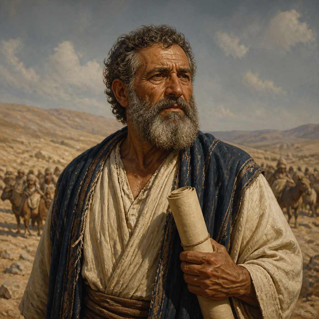 Oil-painting style portrait of Jeshua, Son of Pahath-moab, ancestor of a large family of exiles who returned to Jerusalem from Babylon