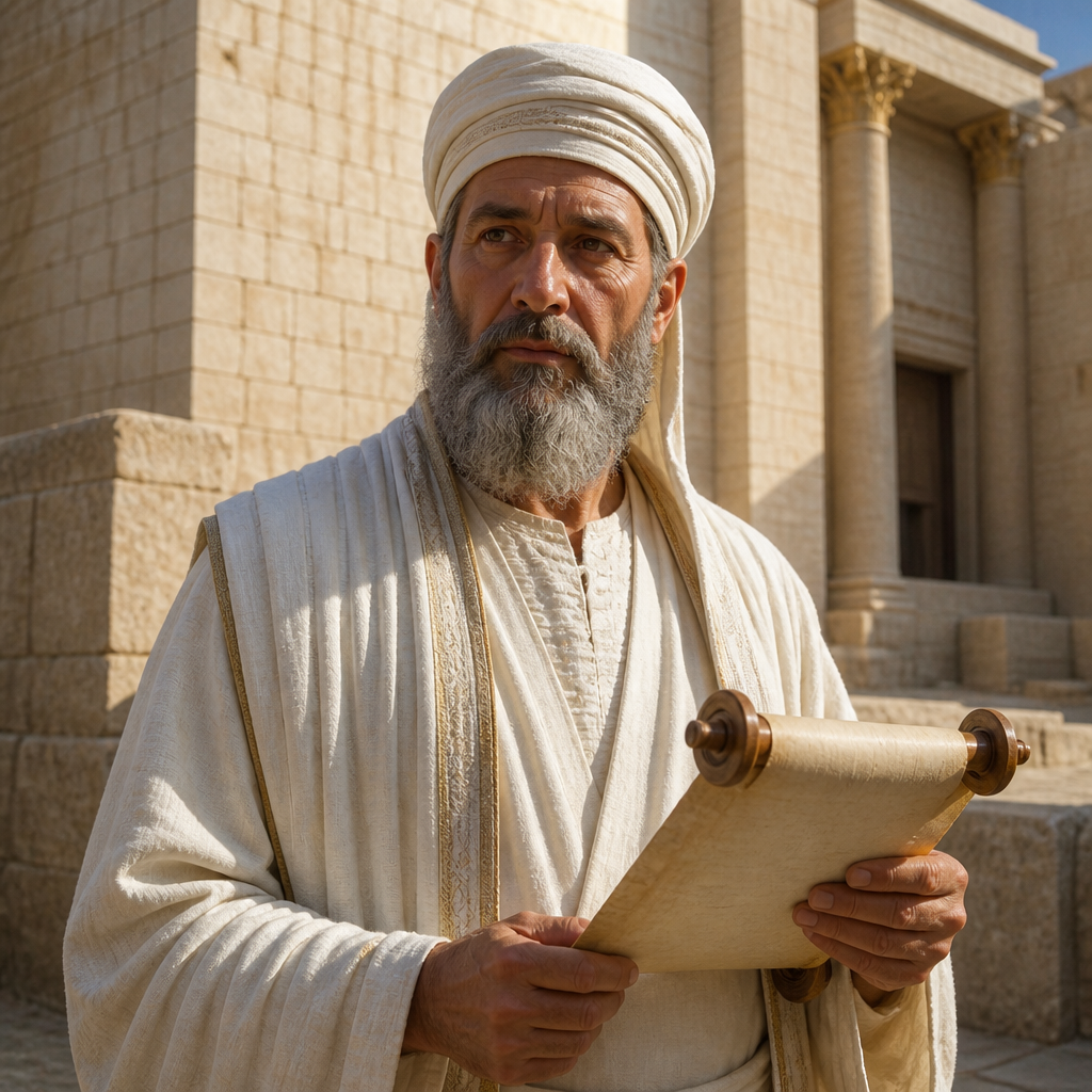 Oil-painting style portrait of Joiada, High Priest of the Restoration, High priest whose son was expelled by Nehemiah for marrying the daughter of Sanballat