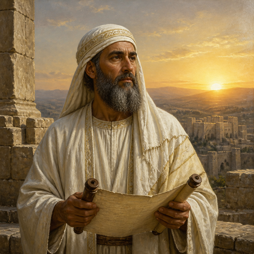 Oil-painting style portrait of Joiarib, Priest of the Return, Priestly leader who returned from the Babylonian Exile and established a prominent paternal house in Jerusalem