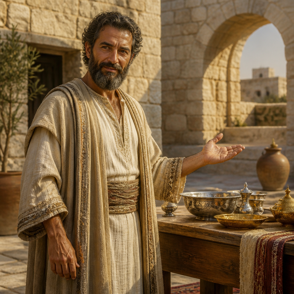 Oil-painting style portrait of Josiah, Son of Zephaniah, Host of the prophet Zechariah and the Babylonian exiles during the symbolic crowning of the High Priest