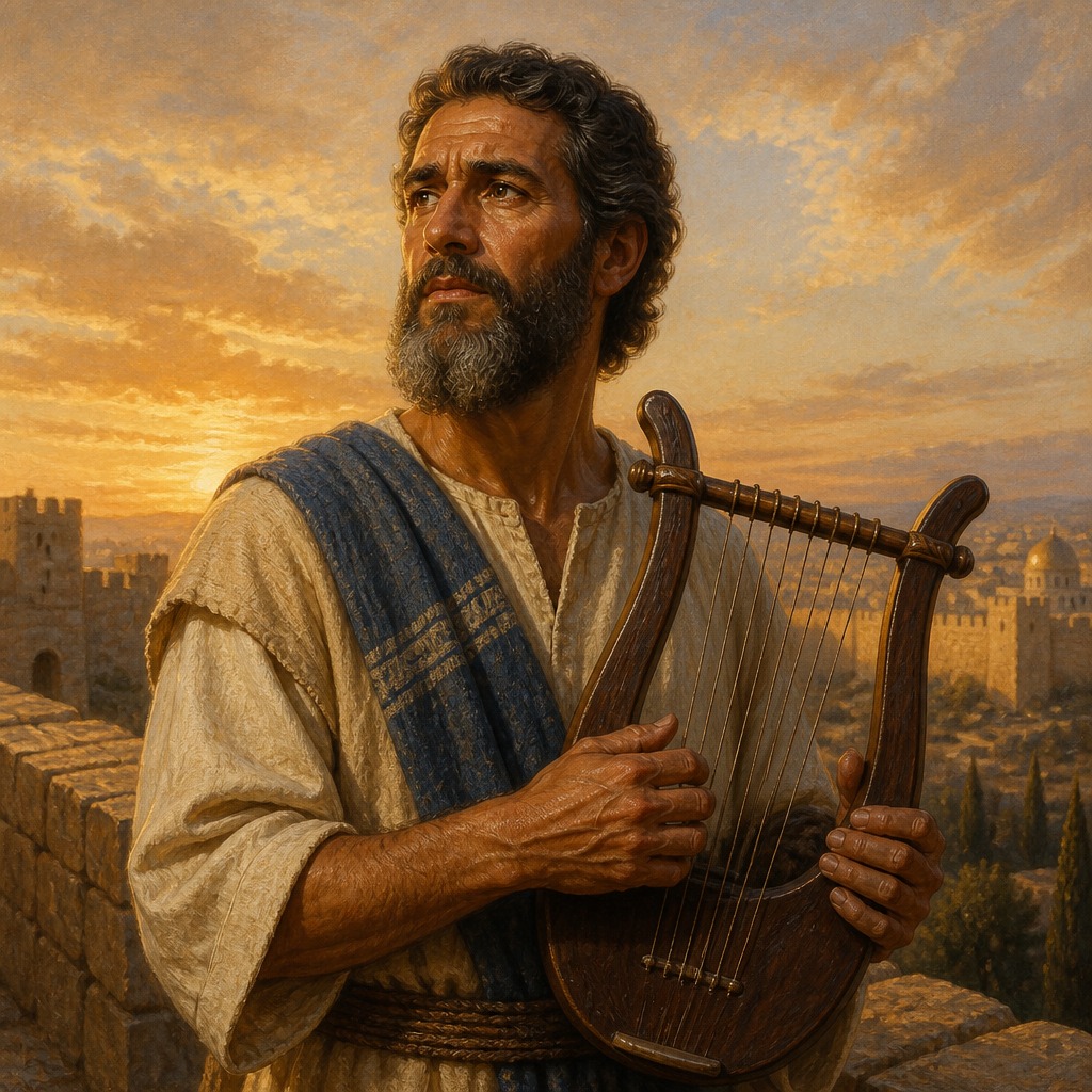 Oil-painting style portrait of Judah, Son of Jonathan, musician who participated in the dedication of the Jerusalem wall under Nehemiah and Ezra