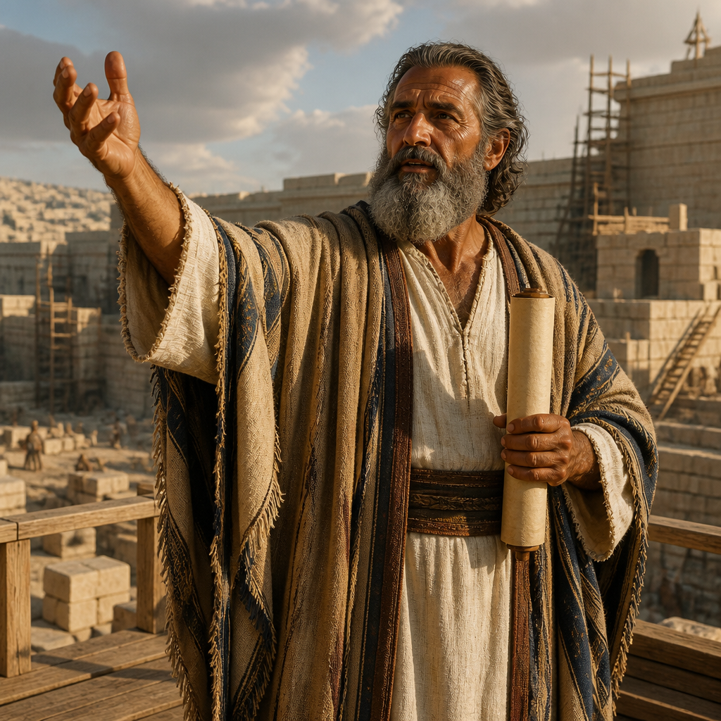 Oil-painting style portrait of Kadmiel, Levite leader who helped rebuild the Temple and led the public confession in Nehemiah 9