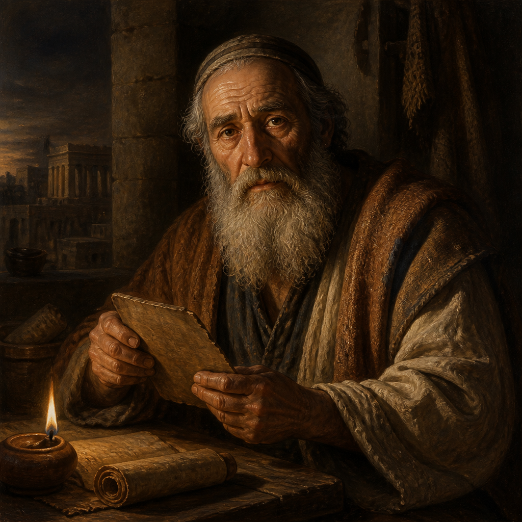 Oil-painting style portrait of Keros, Patriarch whose descendants were temple servants returning from the Babylonian exile