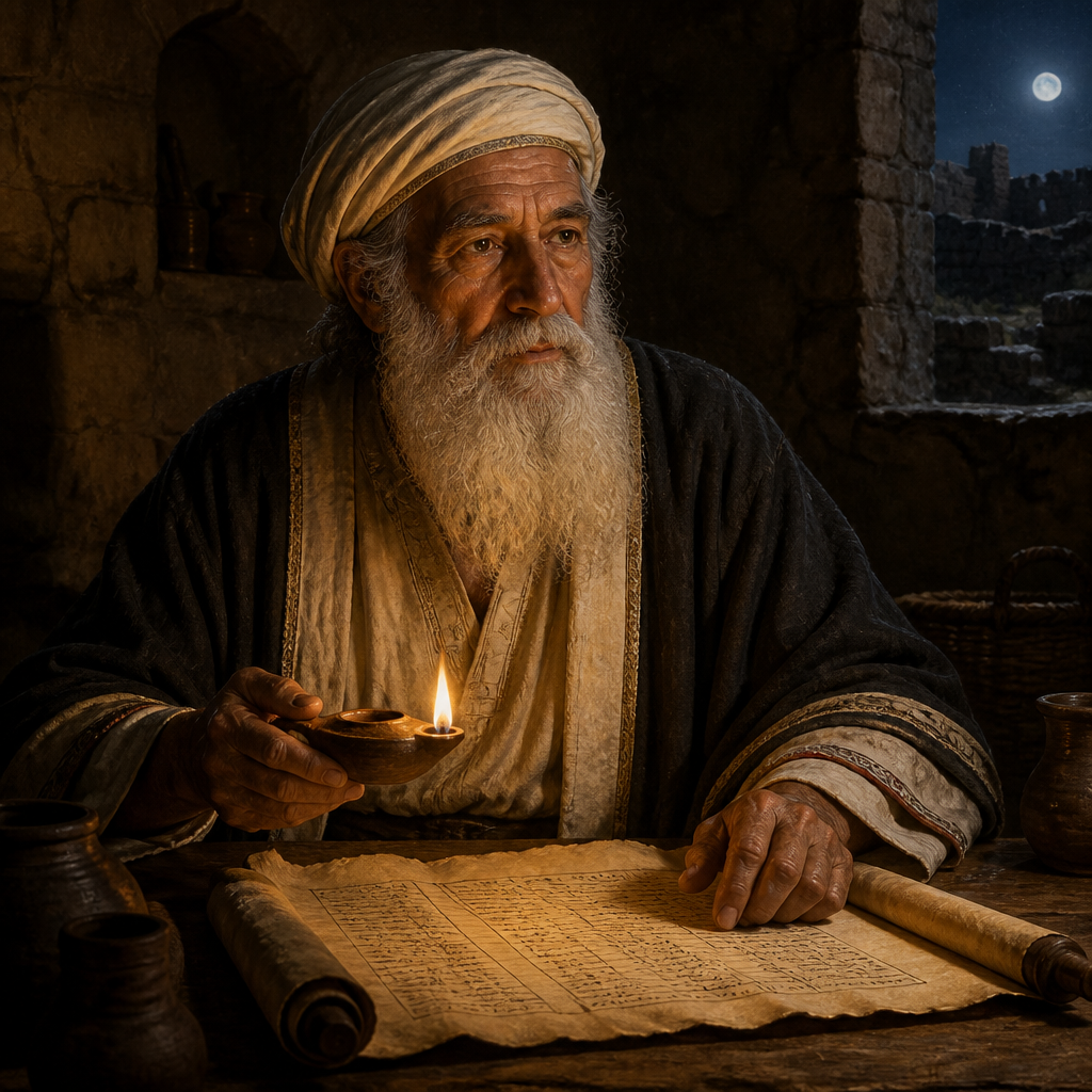 Oil-painting style portrait of Lebanah, Patriarch of a family of Nethinim who returned from the Babylonian Exile