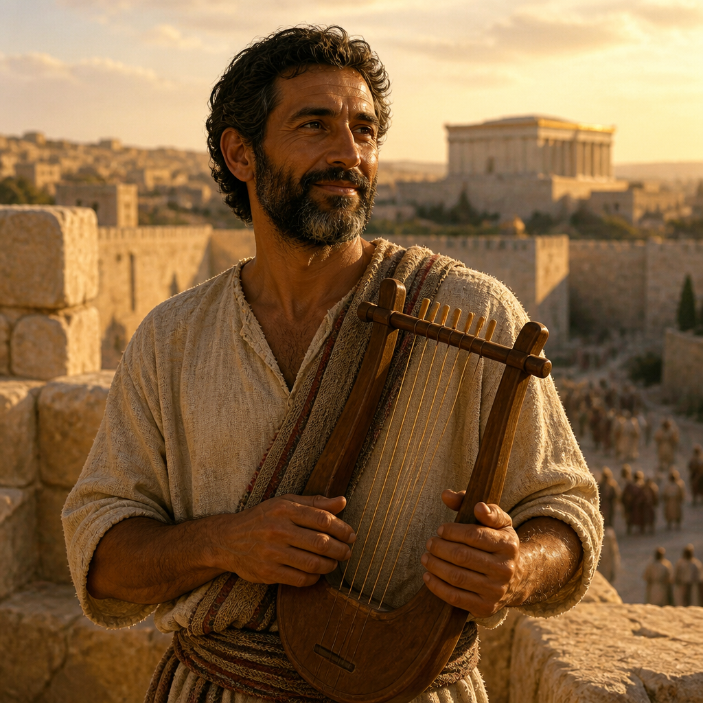 Oil-painting style portrait of Maai, Levite musician who played at the dedication of Jerusalem's wall