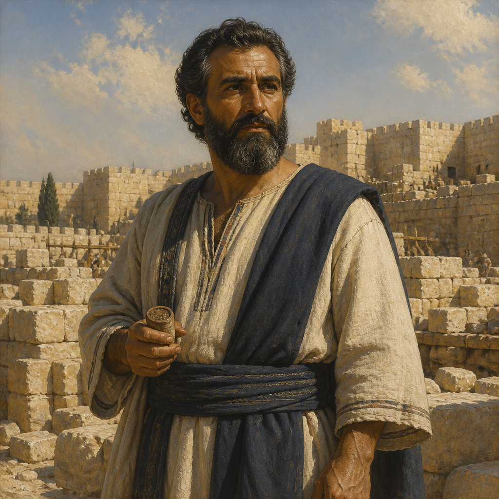 Oil-painting style portrait of Maaseiah son of Baruch, Descendant of Shelah who resettled in Jerusalem during the time of Nehemiah