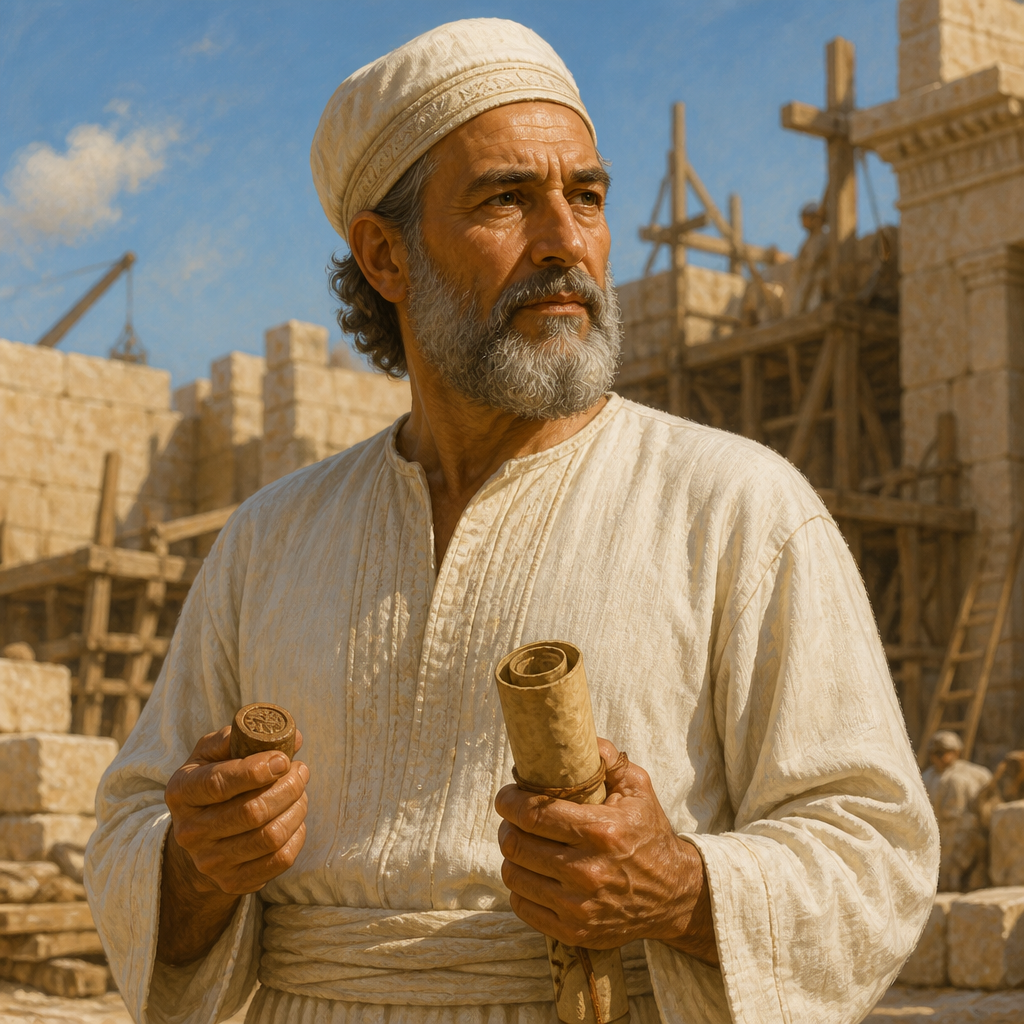 Oil-painting style portrait of Malluch, Priest of the Return, Priest who returned with Zerubbabel and sealed Nehemiah's covenant