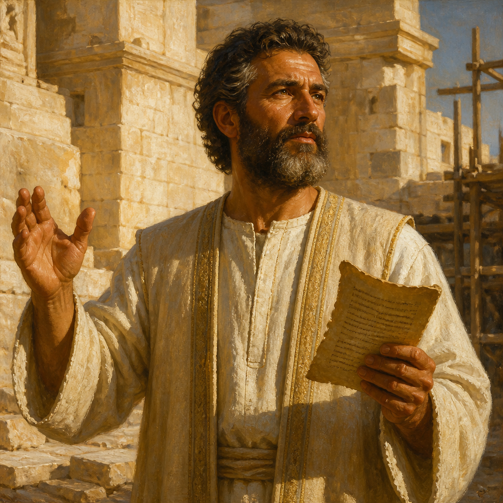 Oil-painting style portrait of Mattaniah, Levite of the Return, Levite descendant of Asaph who led the songs of thanksgiving and prayer in post-exilic Jerusalem